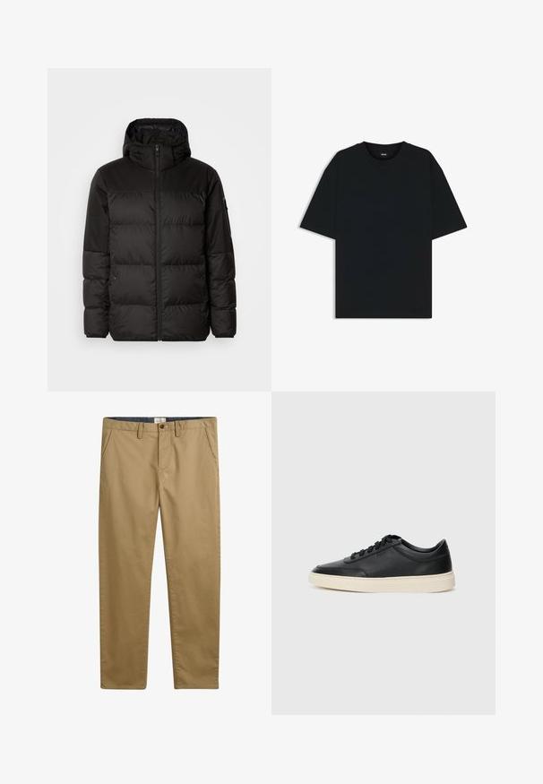 La doudoune noire est dotée d'une fermeture éclair, d'une capuche, de sections matelassées et de poignets élastiques, fabriquée à partir d'un matériau lisse et résistant à l'eau.; T-shirt en coton noir à col rond et à manches courtes. Présente une coupe ample et un design simple sans motifs ni accents.; Pantalon en coton kaki à coupe droite, doté de poches latérales, d'une fermeture à bouton et d'un tissu texturé.; Baskets en cuir noires à tiges basses avec lacets noirs et semelle ivoire, présentées en profil latéral sur fond blanc.