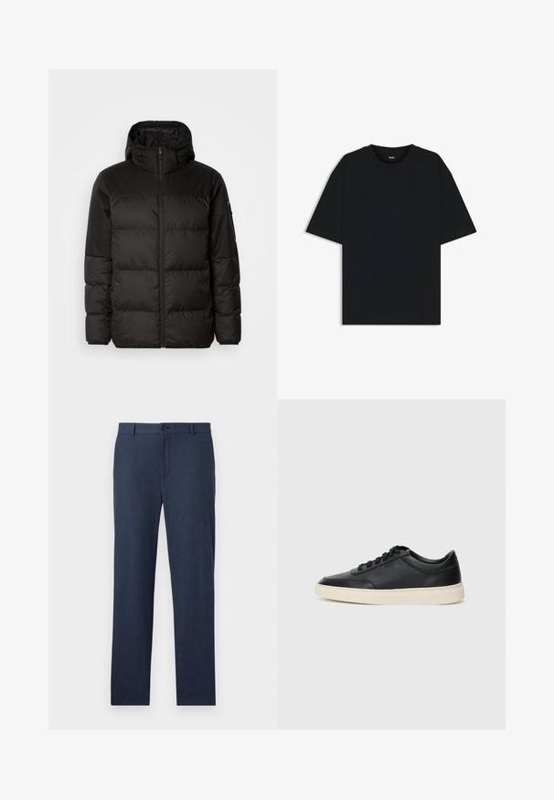 Zwarte pufferjas met ritsluiting, een capuchon, gequiltte secties en elastische manchetten, gemaakt van een glad, waterafstotend materiaal.; Zwarte katoenen T-shirt met een ronde hals en korte mouwen. Heeft een losse pasvorm en een eenvoudig ontwerp zonder patronen of accenten.; Navyblauwe broek van textuurstof met een recht afgesneden ontwerp, voorzien van een sluiting met een voorste knoop en zonder zichtbare zakken.; Zwarte leren sneaker met lage schacht, zwarte veters en off-white zool, weergegeven in zijprofiel op een witte achtergrond.