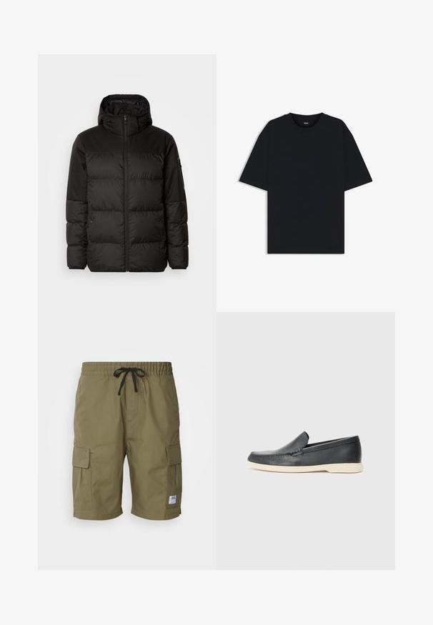 Il giubbotto puffo nero presenta una chiusura con zip, un cappuccio, sezioni trapuntate e polsini elastici, realizzato in un materiale liscio e resistente all'acqua.; Maglietta in cotone nera con scollatura rotonda e maniche corte. Presenta una vestibilità ampia e un design semplice senza motivi o dettagli.; Pantaloni cargo verde oliva realizzati in tessuto leggero, dotati di una cintura elastica con lacci e tasche cargo laterali.; Mocassini neri in pelle con finitura testurizzata e suola in gomma beige a contrasto. Presentano un accento sottile lungo la parte anteriore.