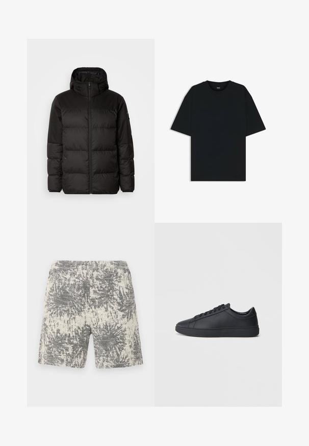 La chaqueta acolchada negra tiene un cierre de cremallera, capucha, secciones acolchadas y puños elásticos, hecha de un material suave y resistente al agua.; Camiseta de algodón negra con cuello redondo y mangas cortas. Presenta un corte holgado y un diseño sencillo sin patrones ni acentos.; Bermudas de punto en crema y negro con un patrón abstracto texturizado. La cinturilla elástica proporciona comodidad y facilidad de uso.; Zapatillas negras de cuero liso con diseño bajo, puntera redonda y suela plana de goma. Presentan cordones y una marca sutil.