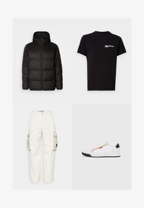 Melna pūkainā jakā iezīmes ir rāvējslēdzēja aizdare, kapuce, kvadrātveida šuves un elastīgas aproces, izgatavota no gludas, ūdensizturīgas vielas.; Melna kokvilnas T-krekls ar apaļu kakla izgriezumu un īsām piedurknēm. Izteikta balta logotipa teksts kreisajā krūtīs. Vienkāršs dizains.; Gaiši beigtas kokvilnas auduma bikses ar sānu kabatām, brīvu piegriezumu un elastīgām kājām pie potītēm. Vienkārša pogu aizdare.; Baltijas krāsā baltas sporta kurpes ar acu un ādas akcentiem. Iezīmējas ar zelta "BOSS" logo, teksturētām sānu paneļiem un melnu papēža kapu. Gumijas zole.