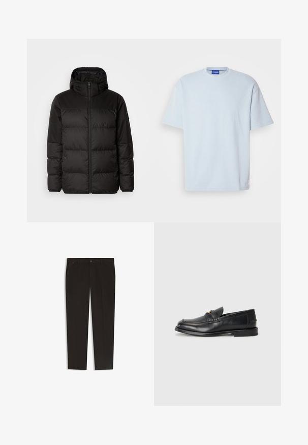 Zwarte pufferjas met ritsluiting, een capuchon, gequiltte secties en elastische manchetten, gemaakt van een glad, waterafstotend materiaal.; Lichtblauwe geribbelde t-shirt met een ronde hals en korte mouwen. Heeft een normale pasvorm en een subtiele logo-accent op de zoom.; Zwarte broek met een rechte pijpdesign, gemaakt van een gladde stof. Voorzien van een knoopsluiting en vo pockets. Geen zichtbare patronen of accenten.; Zwarte leren instappers met een ronde neus, gestikte details en een kleine gouden accent aan de voorkant. De zool is plat en discreet.