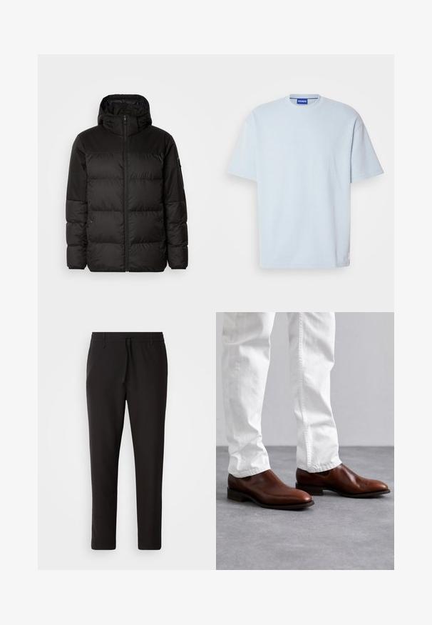 Geacă puffer neagră cu închidere cu fermoar, glugă, secțiuni quilted și manșete elastice, realizată dintr-un material neted, rezistent la apă.; Tricou cu guler rotund și mâneci scurte, de culoare albastru deschis, cu un model cu nervuri. Prezintă o croială obișnuită și un accent discret cu logo pe tiv.; Pantaloni de jogging negri, confecționați dintr-un material neted. Prezintă un talie elastică cu șnur, picioare conice și fără buzunare vizibile. Design simplu.; Pantofi slip-on din piele maro cu un finisaj neted, vârful ascuțit și talpa plată, asortați cu pantaloni albi cu croi slim.