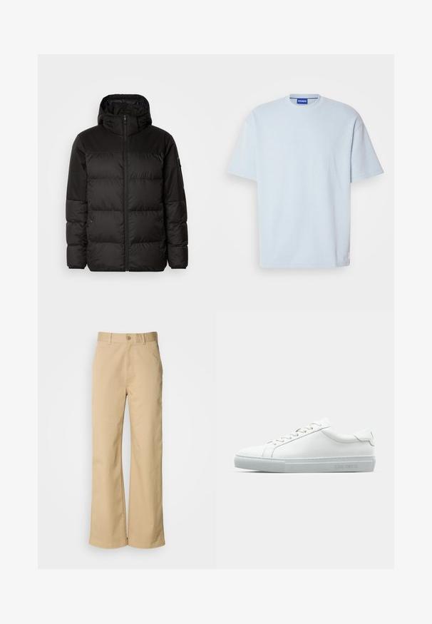 Black puffer jacket features a zip closure, a hood, quilted sections, and elastic cuffs, made from a smooth, water-resistant material.; Light blue ribbed t-shirt with a crew neck and short sleeves. Features a regular fit and subtle logo accent on the hem.; Beige, wide-leg pants made from a cotton blend. Features a button closure and belt loops. Smooth texture, with minimal stitching details.; White leather sneaker with a smooth finish, rounded toe, flat laces, and a minimalist design. Light grey rubber sole with branding on the side.