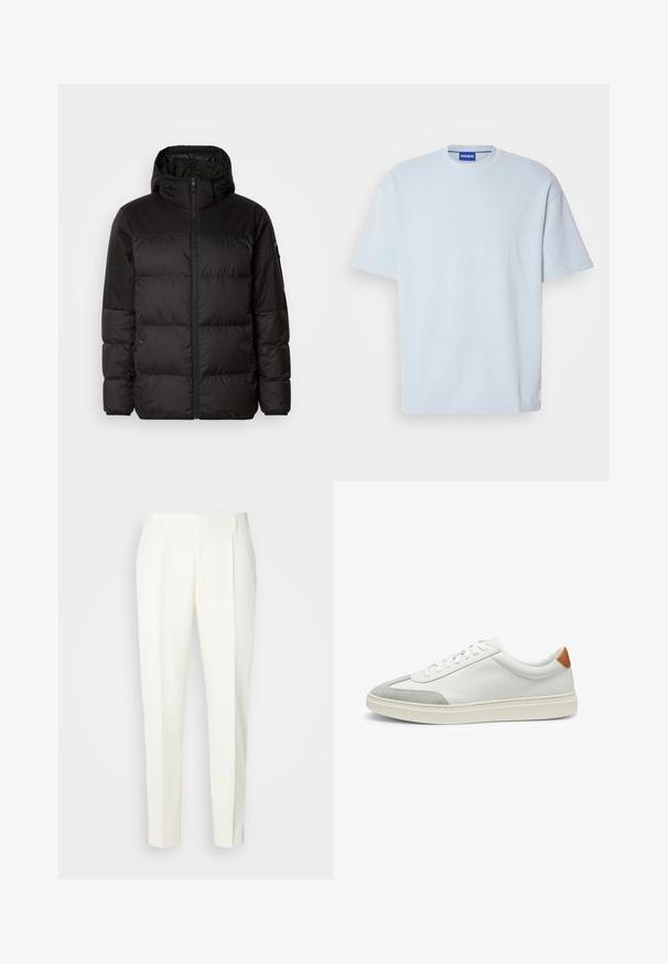 Svart puffjacka med blixtlås, huva, quiltade sektioner och elastiska mudd, tillverkad av ett slätt, vattentåligt material.; Ljusblå stickad t-shirt med rund hals och korta ärmar. Har en vanlig passform och en subtil logotypdetalj vid fållen.; Vita, skräddarsydda byxor med rak benvidd, försedda med veck framtill och en slät textur. Inga synliga fickor eller dekorationer.; Vita lädersneakers med grå mockadetaljer och en tab i brunt läder på hälen. Har en strukturerad yta och en lätt sula.