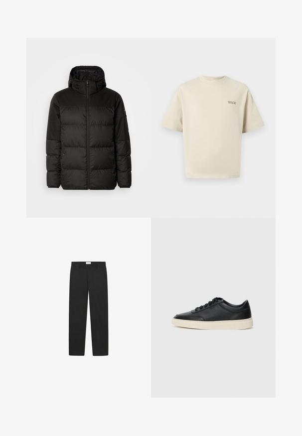 Černá péřová bunda má zipový uzávěr, kapuci, prošívané části a elastické manžety, vyrobená z hladkého, voděodolného materiálu.; Beige bavlněné tričko s krátkými rukávy, kulatým výstřihem a malým logem "SELECTED" na levé části hrudi. Hladká textura.; Černé kalhoty s rovnými nohavicemi, vyrobené z látky s hladkou texturou, s dvěma předními kapsami a standardním pasem.; Černé kožené nízké tenisky s černými tkaničkami a slonovinovou podešví, zobrazené v bočním profilu na bílém pozadí.