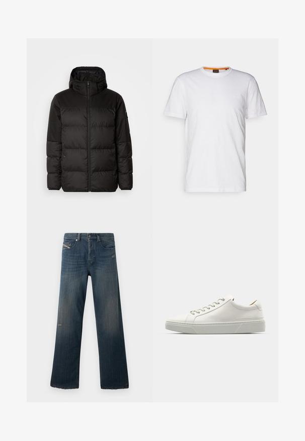 Černá péřová bunda má zipový uzávěr, kapuci, prošívané části a elastické manžety, vyrobená z hladkého, voděodolného materiálu.; Bílý bavlněný tričko s kulatým výstřihem, krátkými rukávy a jemně embosovaným logem na hrudi. Vnitřní štítek má oranžový akcent.; Modré džíny s rovnou nohavicí, vybledlou texturou, roztrhaným lemem a opotřebovanými detaily na přední kapse a oblasti stehna.; Bílé kožené tenisky s kulatou špičkou, minimalistickým designem, šedými tkaničkami a strukturovanou šedou gumovou podrážkou. Viditelné jemné prošívání.