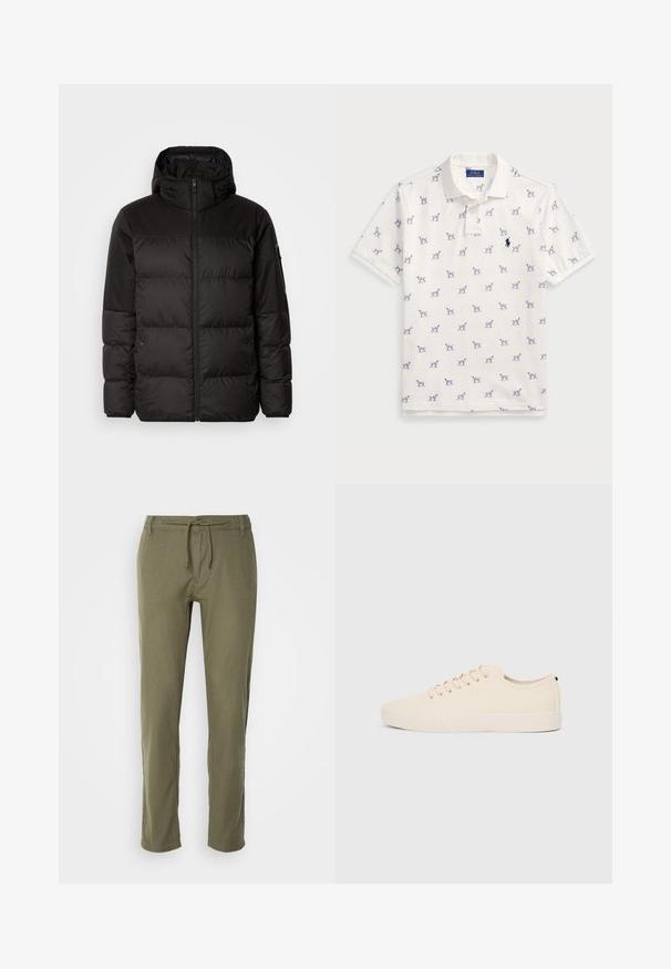 Czarna kurtka puchowa z zapięciem na zamek, kapturem, pikowanymi sekcjami i elastycznymi mankietami, wykonana z gładkiego, wodoodpornego materiału.; Biała koszulka polo z bawełny, z powtarzającym się niebieskim wzorem psów i małym niebieskim logo na piersi. Krótkie rękawy i kołnierzyk.; Oliwkowe, lekkie spodnie o prostym kroju, z regulowanym paskiem na sznurek w talii i subtelną teksturą materiału. Brak widocznych kieszeni.; Beżowe trampki z płóciennym wierzchem, okrągłym noskiem, płaską gumową podeszwą oraz sznurówką z przodu. Charakteryzują się minimalistycznym designem i kontrastowym czarnym akcentem na pięcie.