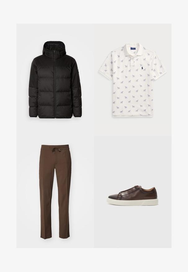 Črna zimska jakna ima zadrgo, kapuco, prešite odseke in elastične manšete, izdelana je iz gladkega, vodoodpornega materiala.; Bela polo majica iz bombaža, ki vsebuje ponovljen modri vzorec psov in majhen modri logotip na prsih. Kratki rokavi in ovratnik.; Bakerice hlače z elastičnim pasom, ozkimi nogami in gladko teksturo, z ravnim sprednjim delom in brez vidnih žepov.; Rjavi usnjeni športni čevlji z zaobljenim nosom, kontrastnim belim gumijastim podplatom, šivanim detajlom in brez vidnih vezalk. Splošno gladka tekstura.