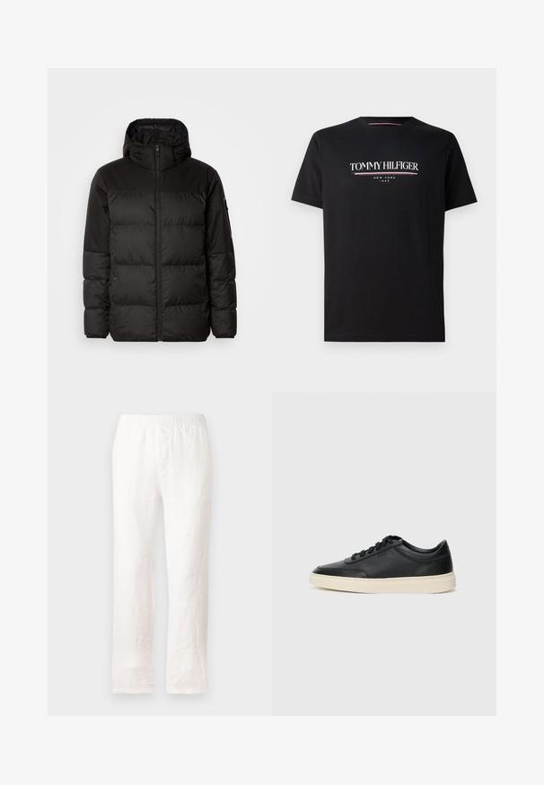 La doudoune noire est dotée d'une fermeture éclair, d'une capuche, de sections matelassées et de poignets élastiques, fabriquée à partir d'un matériau lisse et résistant à l'eau.; T-shirt en coton noir avec un logo blanc et coloré "TOMMY HILFIGER" avec "NEW YORK" et "1985" en texte plus petit en dessous. Manches courtes, col rond.; Pantalons en lin blancs avec une taille élastique, design à jambe droite et tissu légèrement texturé. Pas de motifs ni de détails supplémentaires.; Baskets en cuir noires à tiges basses avec lacets noirs et semelle ivoire, présentées en profil latéral sur fond blanc.