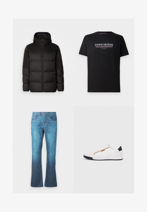 Mustikas puffer-jakk sisaldab tõmblukku, kapuutsi, tikandiga osi ja elastseid mansette, valmistatud siledast veekindlast materjalist.; Must musta t-särk mustast puuvillast, millel on valge ja värviline "TOMMY HILFIGER" logo, mille all on väiksemas kirjas tekst "NEW YORK" ja "1985". Lühikesed varrukad, ümar kaelus.; Keskseeblue denim päevapüksid, mille alumine osa on veidi laiem, klassikaline viie tasku disain ning ees nupp ja luku sulgemine.; Valged sportlikud jalatsid, millel on võrkkangas ja nahkdetailid. Omab kuldset "BOSS" logo, tekstureeritud külgpaneele ja musta kontsakaant. Kummist tallad.