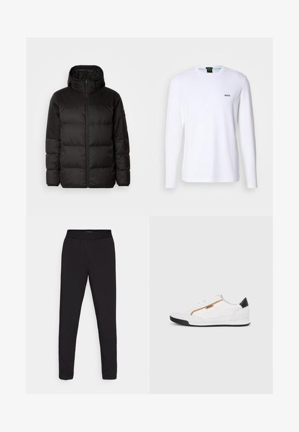 A fekete steppelt dzseki cipzáros záródással, kapucnival, steppelt részekkel és rugalmas mandzsettákkal rendelkezik, sima, vízálló anyagból készült.; Fehér, hosszú ujjú pamut póló, kerek nyakkal és egy kis fekete "BOSS" logóval a bal mell részen.; Fekete, tapered fazonú nadrág, rugalmas derékkal, sima, könnyű anyagból, látható minták vagy fémalkatrészek nélkül.; Fehér sportcipők, hálós és bőr díszítésekkel. Kiemelkedő arany "BOSS" logó, textúrázott oldalpanelekkel és fekete sarokkal. Gumi talp.
