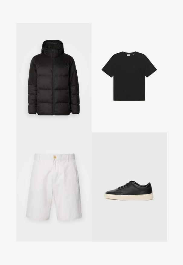 Zwarte pufferjas met ritsluiting, een capuchon, gequiltte secties en elastische manchetten, gemaakt van een glad, waterafstotend materiaal.; Zwarte katoenen T-shirt met ronde hals en korte mouwen. Bevat een subtiel tekstlogo op de voorkant. Zachte textuur en losse pasvorm.; Heren witte shorts gemaakt van lichtgewicht stof. Heeft een knoopsluiting, twee zijzakken en een relaxte pasvorm met een rechte snit.; Zwarte leren sneaker met lage schacht, zwarte veters en off-white zool, weergegeven in zijprofiel op een witte achtergrond.