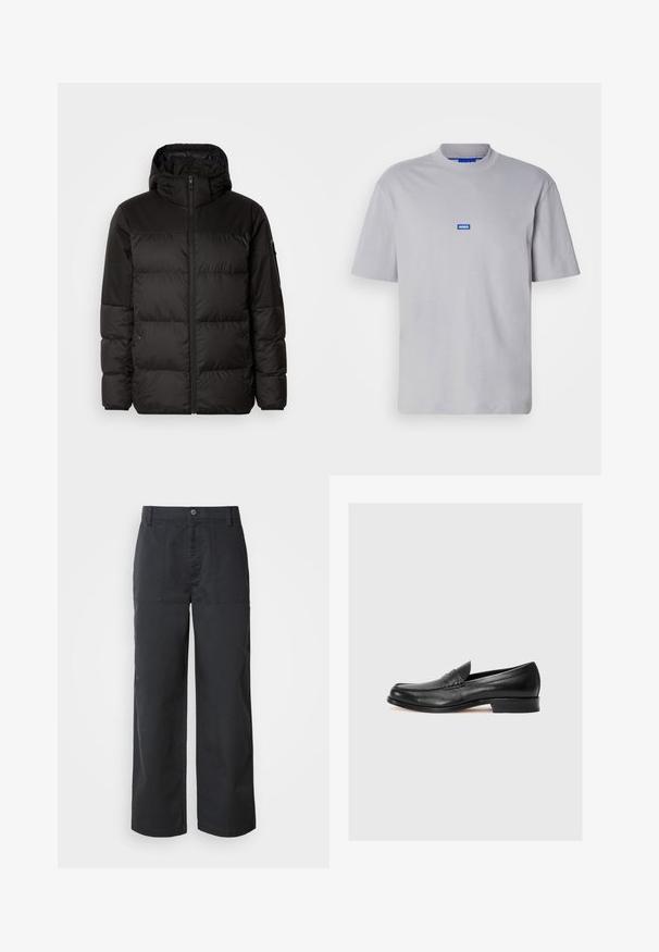 A fekete steppelt dzseki cipzáros záródással, kapucnival, steppelt részekkel és rugalmas mandzsettákkal rendelkezik, sima, vízálló anyagból készült.; Szürke pamut póló kerek nyakkal, rövid ujjakkal és egy kis kék "HUGO" logóval a közepén. Simább textúra, laza illeszkedés.; Sötét tengerészkék pamutból készült, bőszárú nadrág, elülső betétes zsebekkel és gombos záródással. Simogató tapintás, minimalista kialakítás.; Fekete bőr loaferek lekerekített orral, kontrasztos varrással és alacsony sarkal, díszítő pánttal az elején. Simább textúrával.