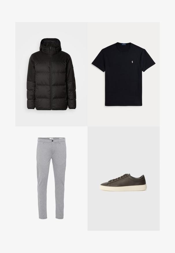 Sort pufferjakke med lynlås, hætte, quiltede sektioner og elastiske manchetter, lavet af et glat, vandafvisende materiale.; Sort bomuldst-shirt med rund halsudskæring, korte ærmer og et lille broderet logo på venstre bryst. Glat tekstur.; Grå bomuldsblandede bukser med slim fit, der har lynlås og knaplukning samt standardlommer for funktionalitet.; Mørkebrun lædersneaker med struktureret overflade, hvid gummisål og flade snørebånd. Minimalistisk design uden synlige logoer.