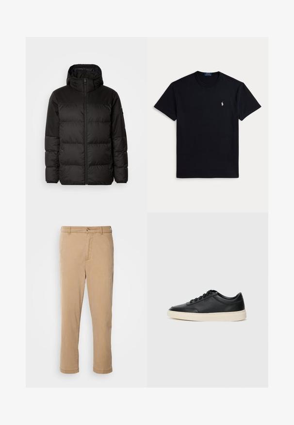 A fekete steppelt dzseki cipzáros záródással, kapucnival, steppelt részekkel és rugalmas mandzsettákkal rendelkezik, sima, vízálló anyagból készült.; Fekete pamut póló környakkal, rövid ujjakkal és egy kis hímzett logóval a bal mellrészen. Simább tapintású anyag.; Krémszínű pamut nadrág egyenes szárú kialakítással, elülső zipzárral és gombos zárással, felhajtott szegéllyel és két oldalsó zsebbel.; Fekete, alacsony szárú bőrsneaker fekete fűzőkkel és törtfehér talppal, oldalnézetben, fehér háttér előtt.