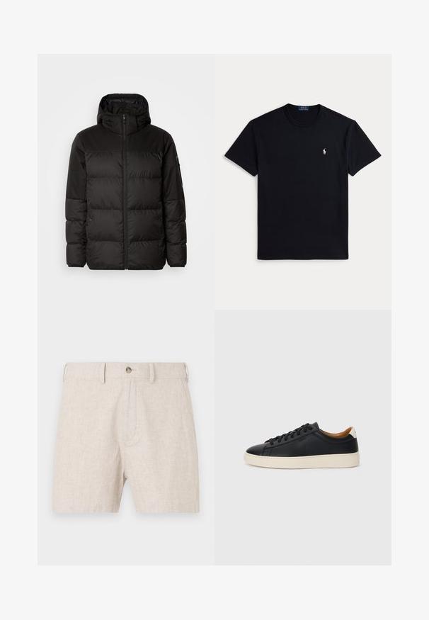 Juodas pūkinis švarkas turi užtrauktuką, gobtuvą, siūlinčius skyrius ir elastinius rankogalius, pagamintas iš lygaus, vandeniui atsparaus medžiagos.; Juoda medvilninė marškinėliai su apvalia kaklelio linija, trumpomis rankovėmis ir mažu siuvinėtu logotipu kairėje krūtinės pusėje. Lygios tekstūros.; Šviesiai béžinės lininės šortai, su mygtuko uždarymu ir klasikinio kirpimo, su subtilia tekstūra. Dizainas neturi matomų kišenių.; Juodos odinės sportbačiai su lygiu paviršiumi, smėlio spalvos guminis padas, raišteliais užsegama konstrukcija ir kontrastingas kulno akcentas.