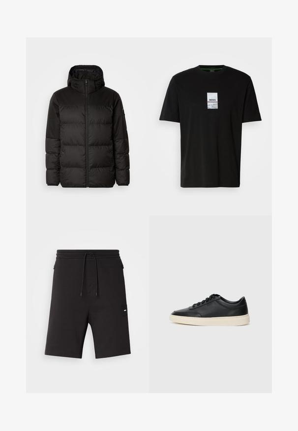 Čierna prešívaná bunda má zips, kapucňu, prešívané sekcie a elastické manžety, vyrobená z hladkého, vodeodolného materiálu.; Čierne bavlnené tričko s krátkymi rukávmi, s obdĺžnikovým grafickým dizajnom obsahujúcim text "BOSS" v bielej farbe a jemnými akcentmi.; Čierne šortky vyrobené z mäkkej látky, s elastickým pásom a šnúrkou na sťahovanie, bočnými vreckami a malou nášivkou s logom na ľavej strane.; Čierne nízkoprevádzkové kožené tenisky s čiernymi šnúrkami a krémovou podrážkou zobrazené v bočnom profile na bielom pozadí.