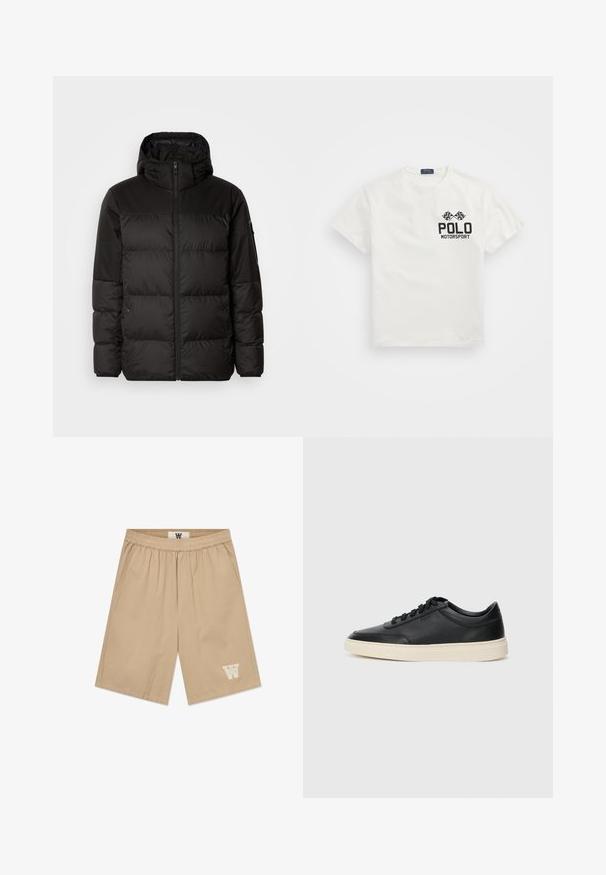 Zwarte pufferjas met ritsluiting, een capuchon, gequiltte secties en elastische manchetten, gemaakt van een glad, waterafstotend materiaal.; Witte katoenen T-shirt met een ronde hals, voorzien van een zwart "Polo Motorsport" logo en gekruiste geblokte vlaggen op de linkerborst.; Beige shorts van lichtgewicht materiaal met een elastische tailleband, zijzakken en een wit logo-accent op het onderste deel van het linkerpoot.; Zwarte leren sneaker met lage schacht, zwarte veters en off-white zool, weergegeven in zijprofiel op een witte achtergrond.