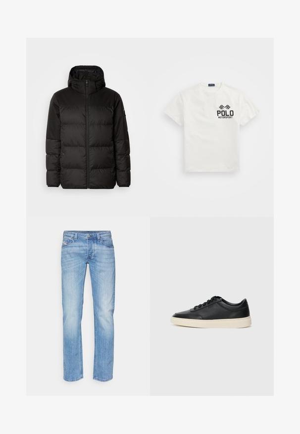 Mustikas puffer-jakk sisaldab tõmblukku, kapuutsi, tikandiga osi ja elastseid mansette, valmistatud siledast veekindlast materjalist.; Valge puuvillane T-särk ümmarguse kaelusega, millel on must "Polo Motorsport" logo ja ristatud ruudulipud vasakul rinnal.; Heledsinine sirge säärega teksapüksid, millel on ees nupp ja tõmblukk, vööloopide ja ees taskud, valge tausta peal.; Mustad musta nahast madal sneaker mustade nööpidega ja kreemivalge tallaga, nähtud külgprofiilis valge tausta ees.
