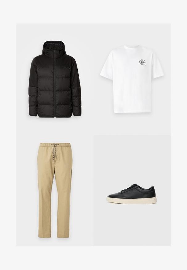 Crna puf jakna ima zatvaranje na zip, kapuljaču, kviltane dijelove i elastične manžete, izrađena je od glatkog, vodootpornog materijala.; Bjela pamučna majica kratkih rukava, okruglog izreza, s crnim CK logom na lijevoj strani prsnog dijela, standardnog kroja, glatke teksture.; Bež hlače s elastičnom pojasom, podesivim vezicom, ravnim nogavicama i laganom teksturom tkanine.; Crne niske kožne tenisice s crnim vezicama i kremasto bijelom potplatom prikazane u bočnom profilu na bijeloj pozadini.