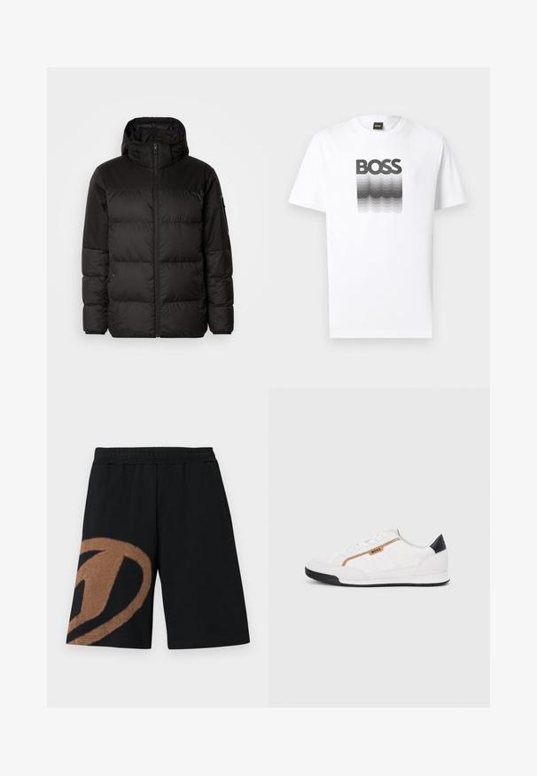 Black puffer jacket features a zip closure, a hood, quilted sections, and elastic cuffs, made from a smooth, water-resistant material.; White short-sleeve t-shirt with black and gray gradient wave design and bold "BOSS" text centered on the chest.; Black elastic waist shorts with large brown abstract design on the left leg and side pockets.; White athletic shoes with mesh and leather accents. Features a gold "BOSS" logo, textured side panels, and a black heel cap. Rubber sole.