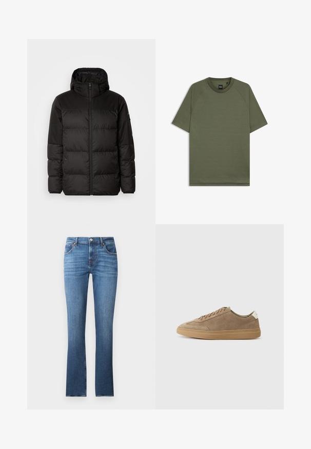 A fekete steppelt dzseki cipzáros záródással, kapucnival, steppelt részekkel és rugalmas mandzsettákkal rendelkezik, sima, vízálló anyagból készült.; Egyszínű olajzöld, rövidujjú póló, kerek nyakkal és raglán ujjakkal, a nyakában egy kis fekete "BOSS" címkével.; Kék farmernadrág egyenes lábakkal, enyhe kopással, öt zsebbel és fém kiegészítőkkel. A derékpánton övbújtatók találhatók.; Világosbarna velúr sportcipők, gumitalppal. Fűzős dizájn és minimalista stílus jellemzi, amelyet egy fehér sarokfűző tesz hangsúlyossá.