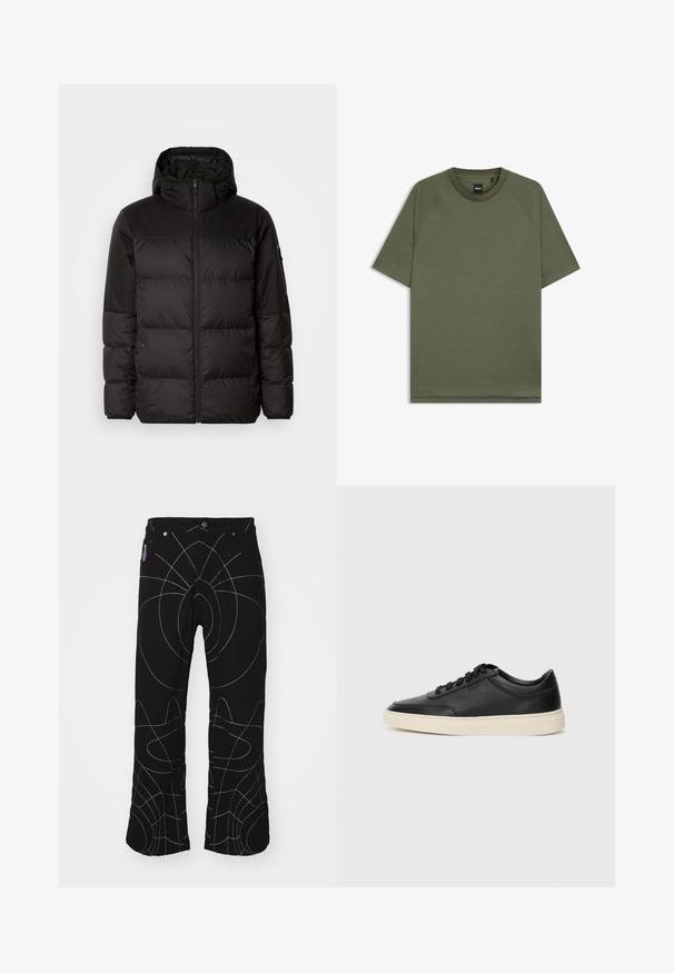 Black puffer jacket features a zip closure, a hood, quilted sections, and elastic cuffs, made from a smooth, water-resistant material.; Plain olive green short-sleeve T-shirt with crew neck and raglan sleeves, featuring a small black "BOSS" label inside the collar.; Black pants with white abstract stitching. Features standard pockets, button closure, and a straight leg design. Textured fabric.; Black low-top leather sneaker with black laces and off-white sole shown in side profile on white background.