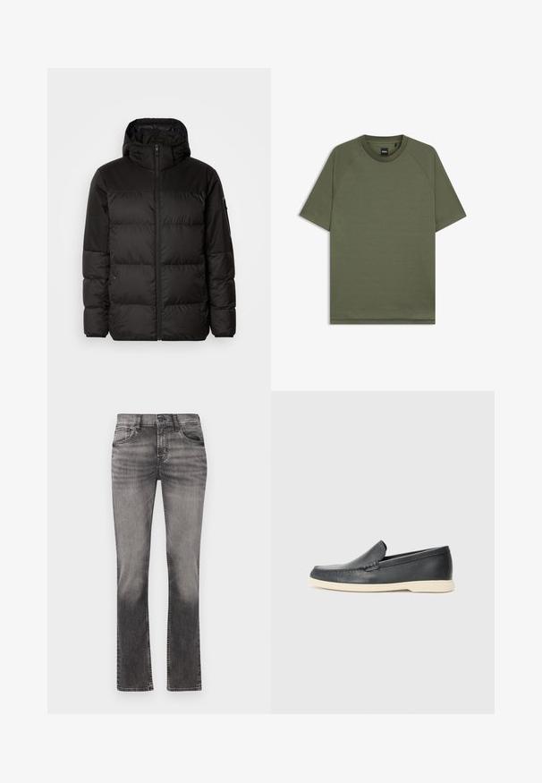 A fekete steppelt dzseki cipzáros záródással, kapucnival, steppelt részekkel és rugalmas mandzsettákkal rendelkezik, sima, vízálló anyagból készült.; Egyszínű olajzöld, rövidujjú póló, kerek nyakkal és raglán ujjakkal, a nyakában egy kis fekete "BOSS" címkével.; Szürke farmer anyagú, kúpos szárú nadrág, elhalványult felülettel, közepes magas derékkal, öt zsebes dizájnnal és egyenes lábakkal. Kontrasztos varrással készítve.; Fekete bőr, slip-on stílusú loaferek, texturált felülettel és kontrasztos bézs gumitalppal. A frontrészén finom díszítéssel rendelkezik.