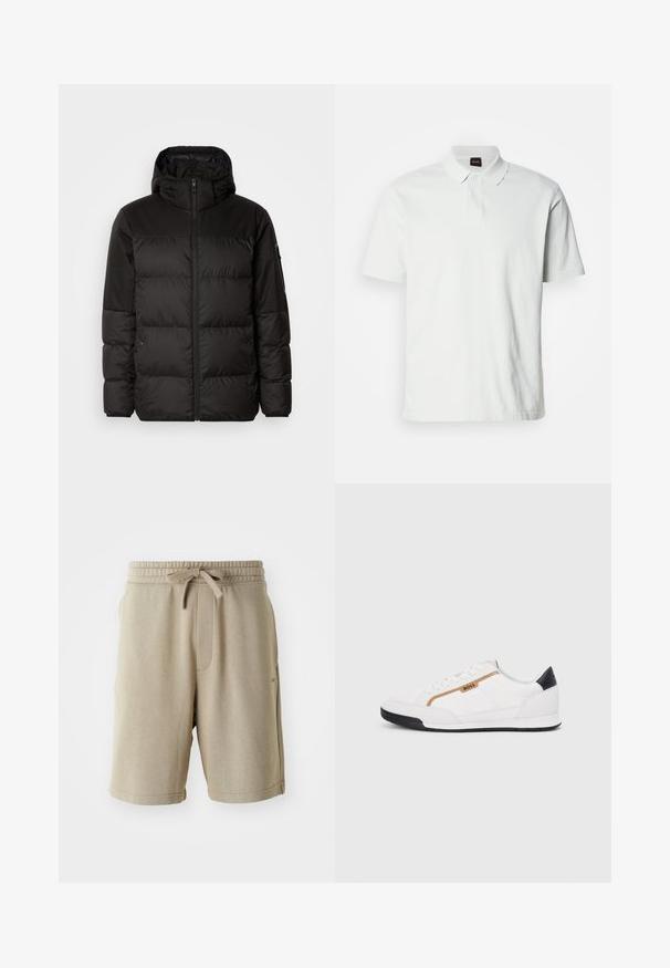 La doudoune noire est dotée d'une fermeture éclair, d'une capuche, de sections matelassées et de poignets élastiques, fabriquée à partir d'un matériau lisse et résistant à l'eau.; Polo shirt blanc en coton, avec un col classique, deux boutons et un logo de marque subtly brodé sur le devant. Manches courtes.; Shorts beiges avec une texture douce, taille élastique, cordon de serrage et poches latérales. Longueur mi-cuisse et minimalisme de la marque sur l'ourlet.; Baskets blanches avec des accents en maille et en cuir. Caractéristiques d'un logo "BOSS" doré, de panneaux latéraux texturés et d'un capuchon de talon noir. Semelle en caoutchouc.