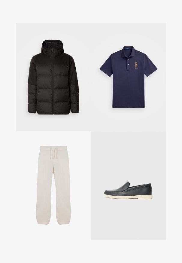 Czarna kurtka puchowa z zapięciem na zamek, kapturem, pikowanymi sekcjami i elastycznymi mankietami, wykonana z gładkiego, wodoodpornego materiału.; Polo Ralph Lauren - Koszulka polo; Jasnobeżowe lniane spodnie z elastycznym pasem i sznurkiem. Prosty fason nogawek o gładkiej teksturze i delikatnym zwężeniu na kostkach.; Czarne skórzane slip-ony w stylu loafers z teksturowanym wykończeniem i kontrastującą beżową gumową podeszwą. Posiadają delikatny akcent wzdłuż przodu.