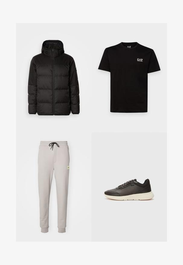 La chaqueta acolchada negra tiene un cierre de cremallera, capucha, secciones acolchadas y puños elásticos, hecha de un material suave y resistente al agua.; Camiseta de algodón negra con cuello redondo, mangas cortas y pequeño logo blanco de EA7 en el lado izquierdo del pecho. Textura suave y ajuste regular.; Pantalones de chándal gris claro hechos de una suave mezcla de algodón, con una cinturilla elástica y un cordón negro, bolsillos laterales y puños en los tobillos.; Zapatilla de deporte marrón oscuro con un upper de cuero texturizado, detalles perforados y una suela cremosa ligera. Presenta cordones y un branding sutil.