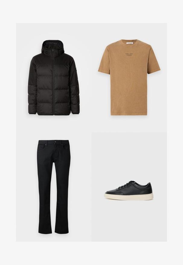 La chaqueta acolchada negra tiene un cierre de cremallera, capucha, secciones acolchadas y puños elásticos, hecha de un material suave y resistente al agua.; Camiseta de algodón marrón con escote estilo crew, mangas cortas y texto negro que dice "SAMSE SAMSE COPENHAGUE" en el frente.; Jeans negros de pierna recta con bolsillos frontales y de monedas, trabillas para el cinturón, y cierre de botón y cremallera.; Zapatilla negra de piel de caña baja con cordones negros y suela color crema, mostrada en perfil lateral sobre fondo blanco.