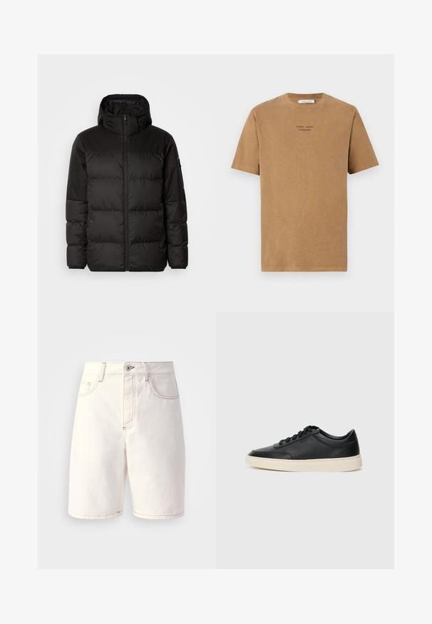 La chaqueta acolchada negra tiene un cierre de cremallera, capucha, secciones acolchadas y puños elásticos, hecha de un material suave y resistente al agua.; Camiseta de algodón marrón con escote estilo crew, mangas cortas y texto negro que dice "SAMSE SAMSE COPENHAGUE" en el frente.; Pantalones cortos de mezclilla blanca con corte recto, que cuentan con cinco bolsillos, costuras naranjas y una cremallera con un solo botón de cierre.; Zapatilla negra de piel de caña baja con cordones negros y suela color crema, mostrada en perfil lateral sobre fondo blanco.