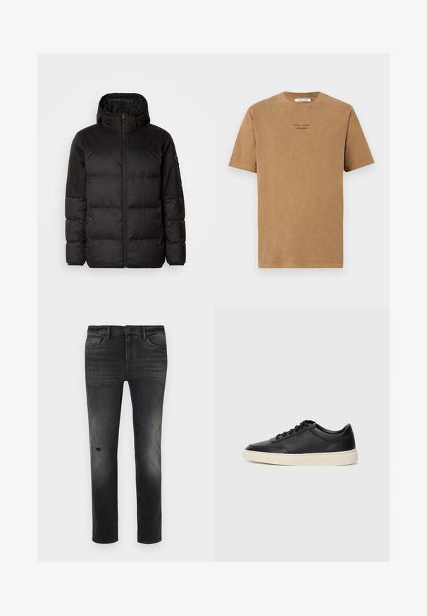 Melna pūkainā jakā iezīmes ir rāvējslēdzēja aizdare, kapuce, kvadrātveida šuves un elastīgas aproces, izgatavota no gludas, ūdensizturīgas vielas.; Brūns kokvilnas T-krekls ar apaļu kakla izgriezumu, īsām piedurknēm un melnu tekstu "SAMSE SAMSE COPENHAGEN" uz priekšpuses.; Šauri melni džinsi ar izbalējumu, vieglu nolietojumu pie ceļgala, piecām kabatām un standarta pogas un rāvējslēdzēja aizdari.; Melnas zemas ādas sporta kurpes ar melnām auklām un off-white zoli, rādītas no sānu profila uz baltā fona.