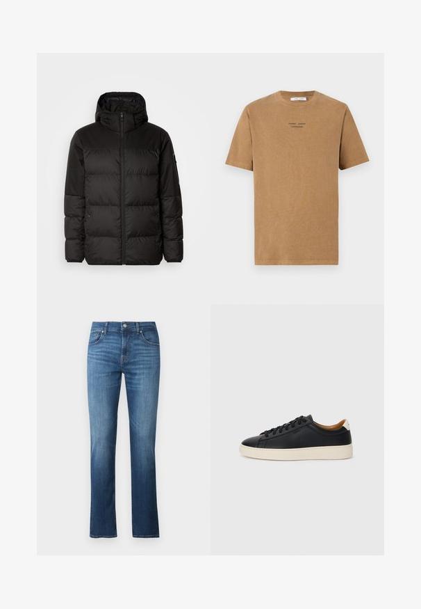 Mustikas puffer-jakk sisaldab tõmblukku, kapuutsi, tikandiga osi ja elastseid mansette, valmistatud siledast veekindlast materjalist.; Pruun puuvillane T-särk, ümmarguse kaelusega, lühikeste varrukatega, mille ees on must tekst "SAMSE SAMSE KOPENHAAGEN".; Sinine teksapükste sirge lõikega, mis omab keskmist taljet, viit taskut ja siledat tekstuuri. Kerge kõdunemine ja kontrastõmblused.; Mustad nahast tennised sujuva pindadega, beež kummist tallaga, paelaga kinnitamine ja kontrastse kanna aktsendiga.