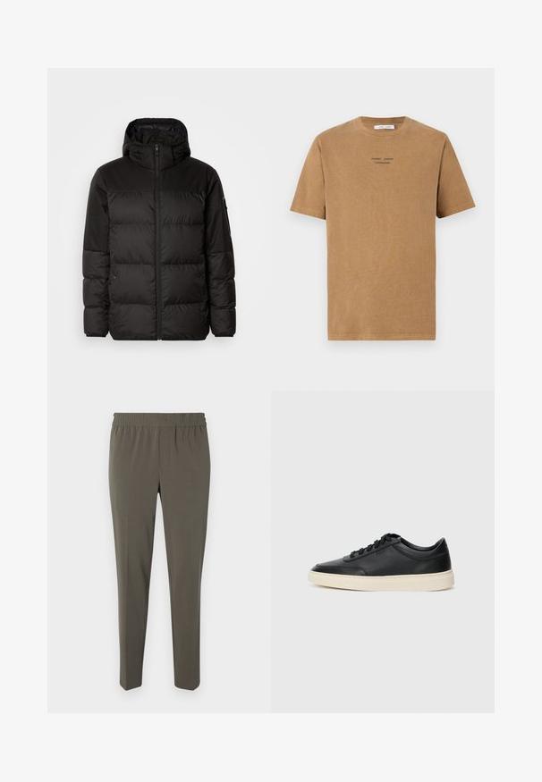 Črna zimska jakna ima zadrgo, kapuco, prešite odseke in elastične manšete, izdelana je iz gladkega, vodoodpornega materiala.; Brašna bombažna majica s kratkimi rokavi in okroglo odprtino za vrat, v rjavi barvi, na sprednji strani pa črn napis "SAMSE SAMSE COPENHAGEN".; Hlače v olivno zeleni barvi, izdelane iz mehkega blaga, z elastičnim pasom, zoženimi nogami in brez vidnih žepov ali kovinskih elementov.; Črne nizke usnjene teniske s črnimi vezalkami in svetlo belo podplatom, prikazane v stranskem profilu na beli podlagi.