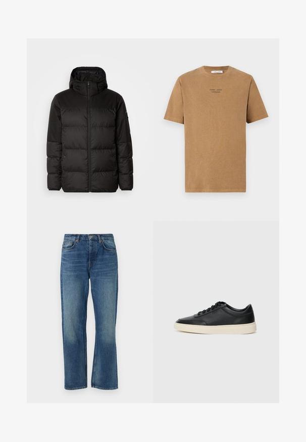 Crna puf jakna ima zatvaranje na zip, kapuljaču, kviltane dijelove i elastične manžete, izrađena je od glatkog, vodootpornog materijala.; Smeđa pamučna majica s okruglim izrezom, kratkim rukavima i crnim natpisom "SAMSE SAMSE COPENHAGEN" na prednjoj strani.; Plave traperice ravnog kroja s klasičnim dizajnom s pet džepova, izblijedjelom teksturom i nijansama bakrenih zakovica.; Crne niske kožne tenisice s crnim vezicama i kremasto bijelom potplatom prikazane u bočnom profilu na bijeloj pozadini.
