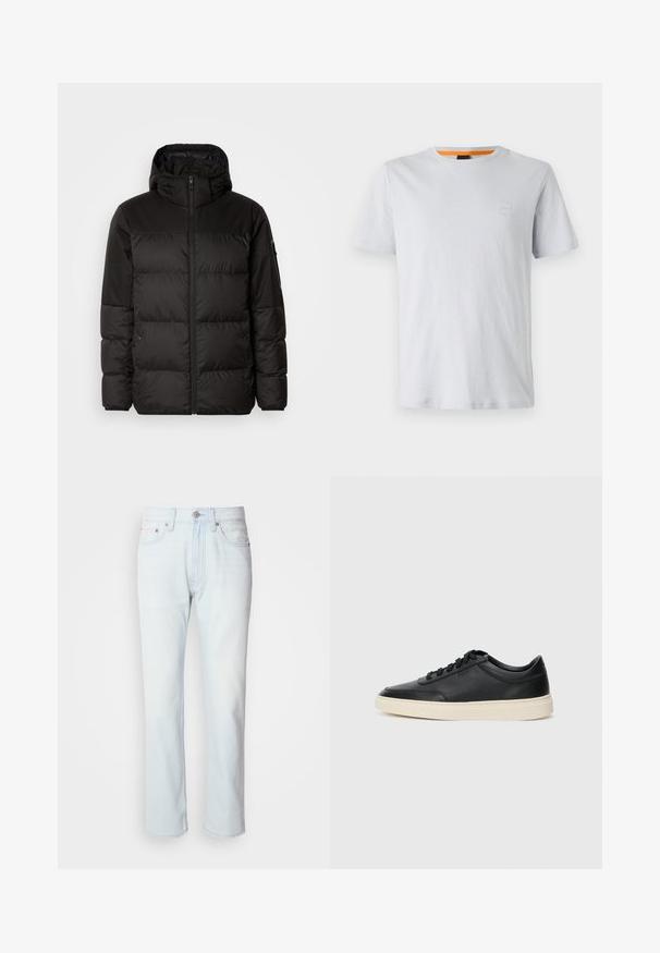 Juodas pūkinis švarkas turi užtrauktuką, gobtuvą, siūlinčius skyrius ir elastinius rankogalius, pagamintas iš lygaus, vandeniui atsparaus medžiagos.; Šviesiai pilkas trumpas rankovėmis marškinėlis, pagamintas iš medvilnės, su mažo logotipo aplikacija ant krūtinės ir kontrastinga oranžine akcentu iškirpėje.; Šviesiai mėlynos džinsinės kelnės su tiesiu kirpimu. Turi mygtuko užsegimą ir diržo kilpas, demonstruojančios nušvitusią tekstūrą ir minimalų siuvimą.; Juoda žema viršutinė odinė sportbačiai su juodais raišteliais ir kreminiu padu, pateikti šoniniame profilyje ant baltos fono.