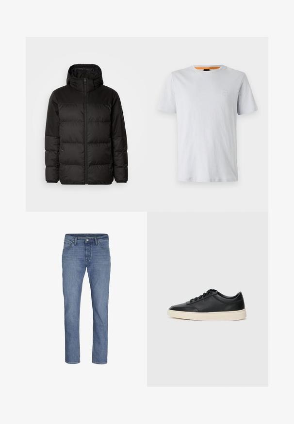 Black puffer jacket features a zip closure, a hood, quilted sections, and elastic cuffs, made from a smooth, water-resistant material.; Light gray short-sleeve t-shirt made of cotton, featuring a small logo patch on the chest and a contrasting orange accent on the neckline.; Light blue denim jeans featuring a straight-leg design, five pockets, and a front button closure with contrasting stitching details.; Black low-top leather sneaker with black laces and off-white sole shown in side profile on white background.