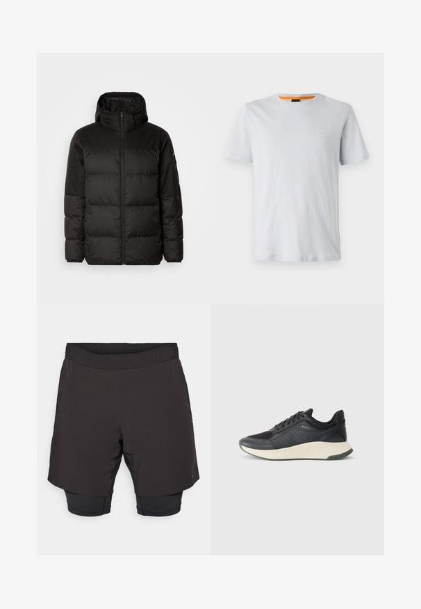 Črna zimska jakna ima zadrgo, kapuco, prešite odseke in elastične manšete, izdelana je iz gladkega, vodoodpornega materiala.; Svetlo siva majica s kratkimi rokavi iz bombaža, z majhnim logotipom na prsih in kontrastno oranžno podrobnostjo na izrezu.; Črne športne kratke hlače z elastičnim pasom, ki imajo krajšo zunanjo plast in prilegajočo se notranjo plast, izdelane iz lahkega materiala.; Črne športne superge z mrežasto zgornjico z perforacijami, teksturiranim srednjim delom v kremni barvi in gumijastim podplatom za oprijem.