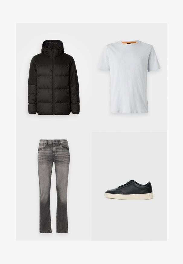 Melna pūkainā jakā iezīmes ir rāvējslēdzēja aizdare, kapuce, kvadrātveida šuves un elastīgas aproces, izgatavota no gludas, ūdensizturīgas vielas.; Gaišpelēka īsās piedurknes T-krekls, kas izgatavots no kokvilnas, ar mazu logo uzšuvumu uz krūšu un kontrastējošu oranžu akcentu uz apkakles.; Pelēki džinsu krēsli ar izbalējušu apdari, kas raksturojas ar vidēju vidukli, piecu kabatu dizainu un taisnām kājām. Apdares elementi ar kontrastējošu diegu.; Melnas zemas ādas sporta kurpes ar melnām auklām un off-white zoli, rādītas no sānu profila uz baltā fona.