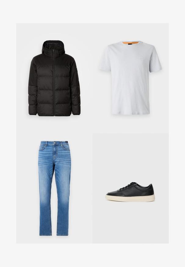 Crna puf jakna ima zatvaranje na zip, kapuljaču, kviltane dijelove i elastične manžete, izrađena je od glatkog, vodootpornog materijala.; Svijetlosivi majica kratkih rukava od pamuka, s malom oznakom na prsima i kontrastnim narančastim detaljem na izrezu.; Svijetloplave traperice s ravnim krojem, dizajnom s pet džepova, prednjim kopčanjem na gumbe i suptilnim izbljeđenjem na bedrima.; Crne niske kožne tenisice s crnim vezicama i kremasto bijelom potplatom prikazane u bočnom profilu na bijeloj pozadini.
