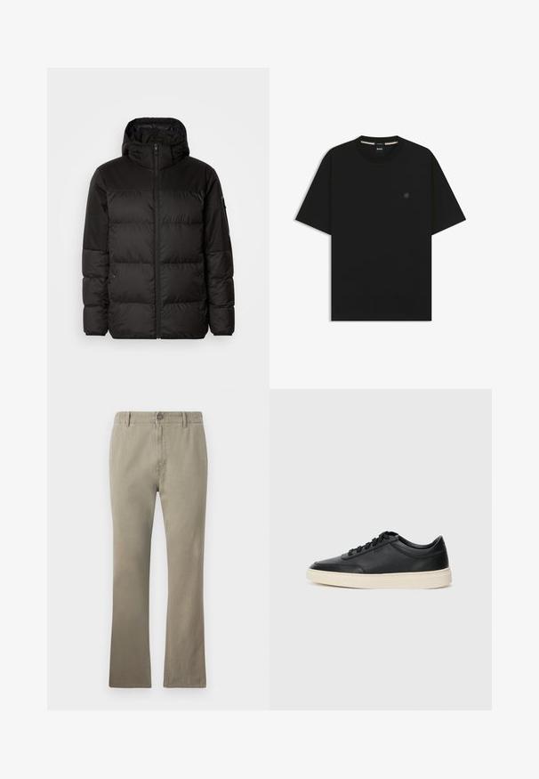 Zwarte pufferjas met ritsluiting, een capuchon, gequiltte secties en elastische manchetten, gemaakt van een glad, waterafstotend materiaal.; Zwarte ronde hals t-shirt gemaakt van zachte katoenen stof, met korte mouwen en een subtiel geborduurd logo op de borst. Gladde textuur.; Beige katoenen broek met een rechte snit, voorzien van een knoopsluiting, riemlussen en een licht gestructureerd oppervlak, geschikt voor casual draag.; Zwarte leren sneaker met lage schacht, zwarte veters en off-white zool, weergegeven in zijprofiel op een witte achtergrond.
