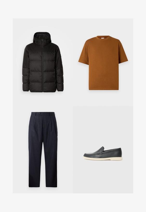 A jaqueta puffer preta apresenta um fecho zip, um capuz, secções acolchoadas e punhos elásticos, confeccionada em um material liso e resistente à água.; T-shirt castanho de manga curta feita de tecido macio, com decote redondo e ajuste relaxado, com bainha reta. Sem padrões ou detalhes visíveis.; Calças listradas em azul-marinho feitas de um tecido texturizado, com fecho de botão, dois pregas frontais e um design de perna reta.; Mocassins pretos em couro com acabamento texturizado e sola de borracha bege em contraste. Apresenta um detalhe subtil na parte da frente.