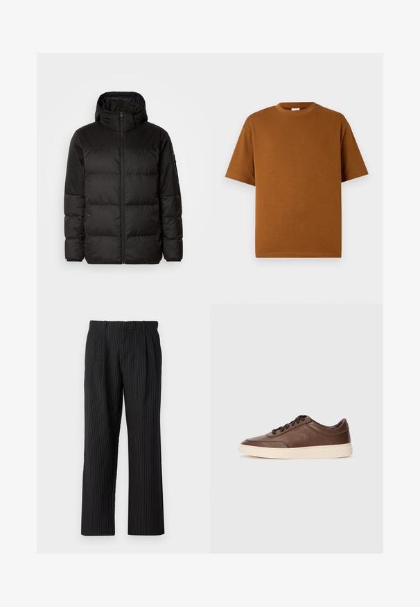 La chaqueta acolchada negra tiene un cierre de cremallera, capucha, secciones acolchadas y puños elásticos, hecha de un material suave y resistente al agua.; Camiseta marrón de manga corta hecha de una tela suave, con un escote redondo y un corte relajado con dobladillo recto. Sin patrones ni acentos visibles.; Jack & Jones JPSTBILL JJDAYTONA WIDE - Pantalones - black; Zapatillas deportivas de cuero marrón con un acabado suave, punta redonda y suela de goma color crema. Presentan cordones negros y un sutil logotipo en el lateral.