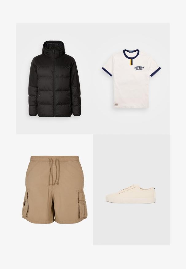 Geacă puffer neagră cu închidere cu fermoar, glugă, secțiuni quilted și manșete elastice, realizată dintr-un material neted, rezistent la apă.; Tricou alb din bumbac cu guler rotund și accente de mânecă în bleu marin. Prezintă un detaliu mic cu un nasture galben și broderia "NORTHEAST RL ATHL."; Shorts cargo bej cu un material ușor, cu talie ajustabilă prin șnur, două buzunare laterale și două buzunare cargo. Design simplu, utilitar.; Tenisi din pânză bej cu vârf rotund, talpă plată din cauciuc și șireturi în față. Au un design minimalist și un accent contrastant negru la călcâi.