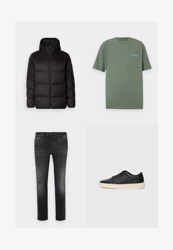 La chaqueta acolchada negra tiene un cierre de cremallera, capucha, secciones acolchadas y puños elásticos, hecha de un material suave y resistente al agua.; Camiseta de algodón verde con cuello redondo, mangas cortas y un pequeño logotipo azul en el pecho izquierdo. Textura suave, corte relajado.; Jeans de mezclilla negros de corte slim, con desvanecidos y leve desgaste cerca de la rodilla, cinco bolsillos y cierre estándar de botón y cremallera.; Zapatilla negra de piel de caña baja con cordones negros y suela color crema, mostrada en perfil lateral sobre fondo blanco.