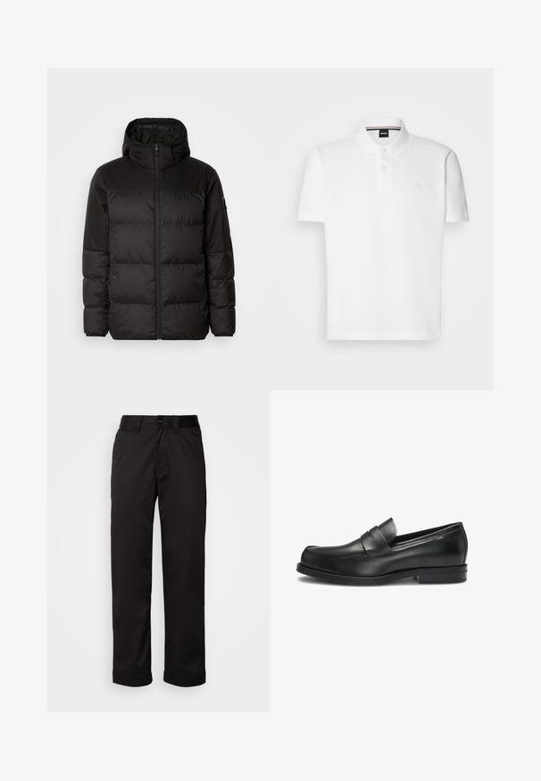 La chaqueta acolchada negra tiene un cierre de cremallera, capucha, secciones acolchadas y puños elásticos, hecha de un material suave y resistente al agua.; Camisa polo blanca hecha de una mezcla de algodón y poliéster, con cuello, tapeta de dos botones y un sutil logo bordado en el pecho.; Pantalones negros de tela suave, con cremallera, cierre de botón y puños enrollados para un diseño casual.; Mocasines de cuero negro con punta redondeada y detalles cosidos, que presentan una correa decorativa en la parte superior y un tacón bajo.