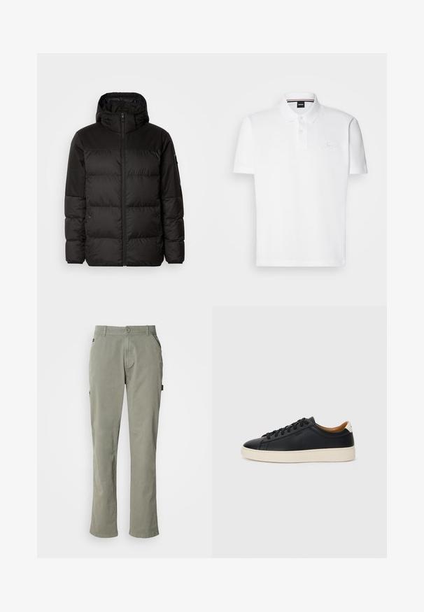 Il giubbotto puffo nero presenta una chiusura con zip, un cappuccio, sezioni trapuntate e polsini elastici, realizzato in un materiale liscio e resistente all'acqua.; Polo bianco realizzato in un mix di cotone e poliestere, dotato di colletto, pattina con due bottoni e un discreto logo ricamato sul petto.; Pantaloni di cotone verde chiaro a taglio dritto, con tasche frontali, chiusura con bottone e vita con passanti per cintura.; Sneakers in pelle nera con una texture liscia, suola in gomma beige, design con lacci e un accento del tacco in contrasto.